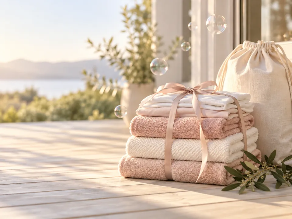 Freshly folded blush and cream towels tied with a ribbon next to a canvas laundry bag on a sunny porch